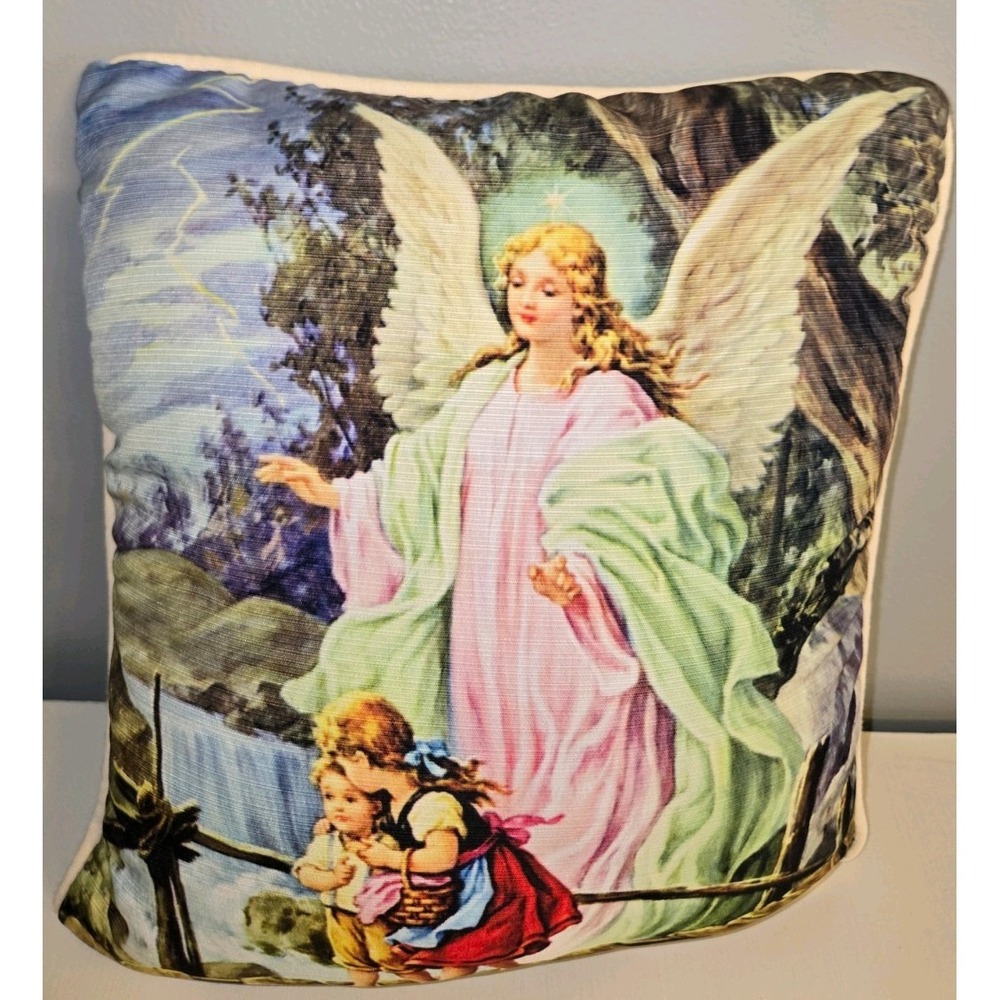 Vintage Guardian Angel Children on Bridge Over Falls pillow 13 x 15 - Picture 2 of 4